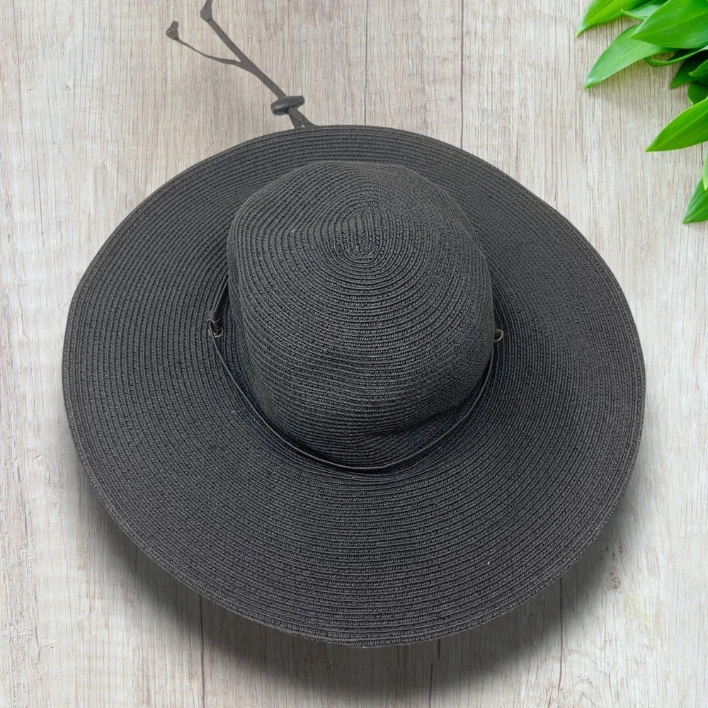 San Diego Hat Co Black Wide Brim Sun Hat Chin Strap Woven Beach M UPF Style